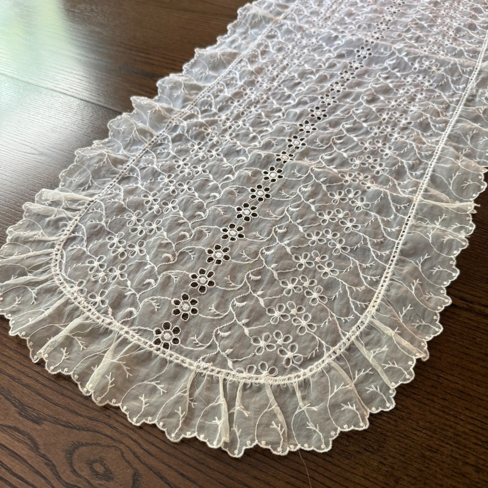 Vintage Embroidered Sheer Dresser Scarf 39x13 White Floral Eyelet Ruffle Runner